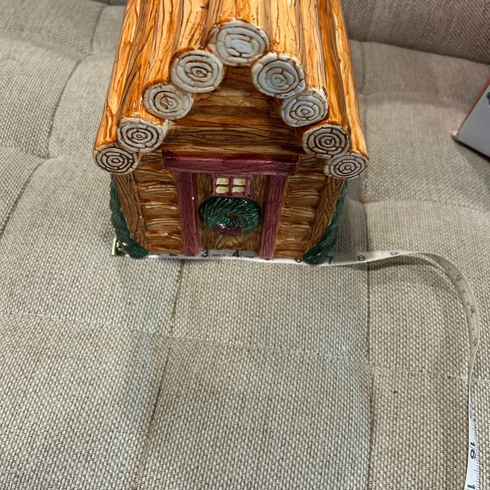 Christmas Village Earthenware Log Cabin Holiday Cookie Jar - Brown and Green - Picture 10 of 16